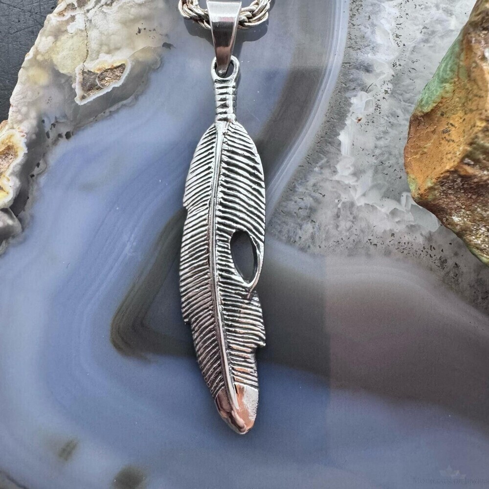 Sterling Silver Southwestern Style Feather Unisex Pendant - Picture 5 of 10